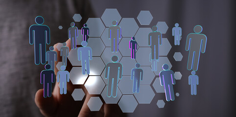 Abstract network of people with hexagons, symbolizing connection, networking, teamwork, and social media.
