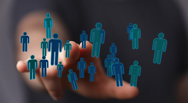 Concept of teamwork, community and network with people symbols. Digital art showing interaction, collaboration - Powered by Adobe