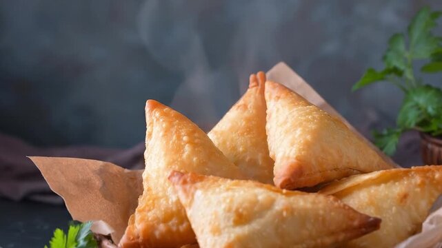 A close-up shot captures a rustic basket brimming with delicious, golden-brown savory pastries, likely deep-fried to a crispy perfection. These triangular treats are artfully arranged on parchment pap