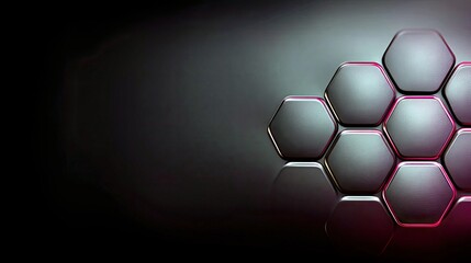 A cluster of dark, metallic hexagonal shapes arranged in a honeycomb pattern, with subtle pink and blue lighting along their edges, set against a dark, blurred