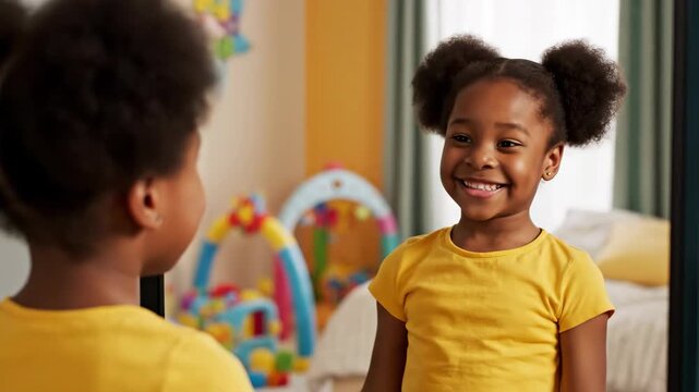 Young black girl looking at her reflection in a mirror, flexing her arm muscles with a determined expression, embodying strength, confidence, and self-esteem