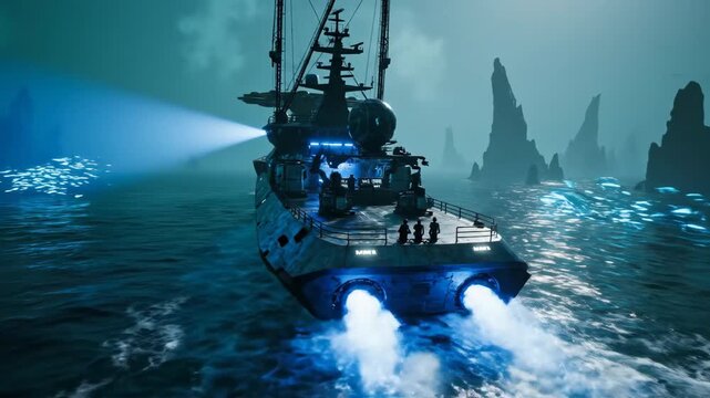Futuristic research vessel cuts through dark, misty ocean with bright blue lights while an exploration drone conducts a high-tech scientific mission in a moody sci-fi seascape