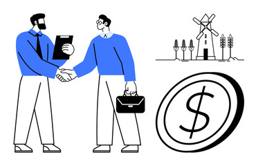 Two men shaking hands, one with a clipboard, the other with a briefcase. Nearby, a windmill, trees, and crops signify agriculture. A coin highlights business exchange. Ideal for partnership finance