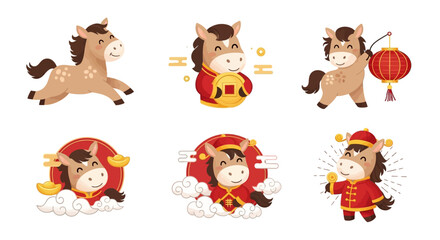 Fototapeta premium Cute cartoon horse character in various poses celebrating Chinese New Year, holding traditional symbols like lanterns and golden coins.