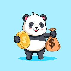 Cute Panda Holding Gold Coin and a Sack Money Vector Illustration Cartoon Design