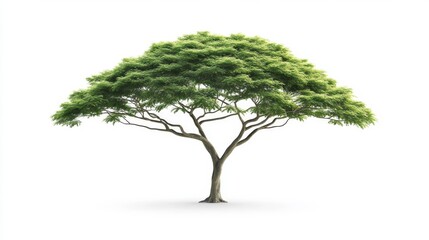 48.A majestic solitary tree with a thick, twisting trunk and sprawling green canopy, standing against a pure white background, showcasing intricate details of its leaves and branches.