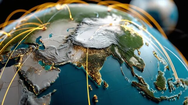 Global Connection: Illuminated golden lines weave across the Earth, symbolizing the interconnectedness of continents and the boundless expanse of global networks.