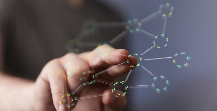 Hand touching digital network illustration. Abstract business concept of global connection, innovative technolo