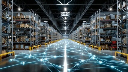 Forklift transportation on the industrial metal floor in a warehouse building with warehouse workers and interior light - Powered by Adobe