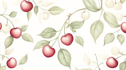 22.A modern seamless vector print with fresh, juicy cherries, detailed with a soft watercolor effect, flowing naturally on a creamy beige background, adding warmth and charm to any design.