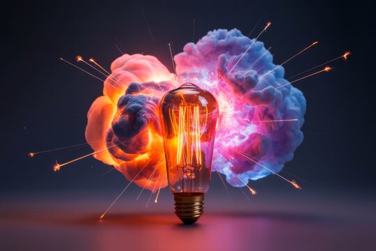 Exploding light bulb with colorful smoke