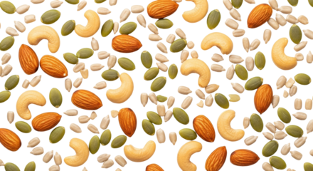 Isolated assorted nuts almonds cashews sunflower seeds pumpkin seeds healthy snack, clean eating
