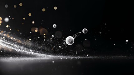 A celestial composition featuring planets, rings, and a trail of sparkling dust against a dark, starry backdrop.