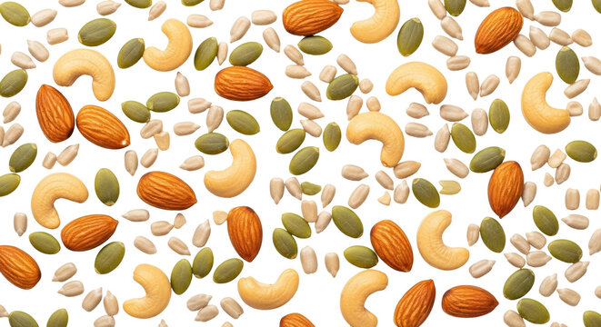 Isolated assorted nuts almonds cashews sunflower seeds pumpkin seeds healthy snack, clean eating