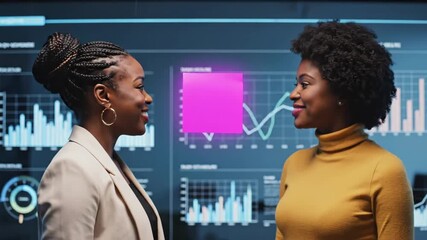 Two businesswomen collaborating, discussing data analytics and financial charts on a futuristic interactive screen, utilizing innovative augmented reality for a modern corporate presentation - Powered by Adobe