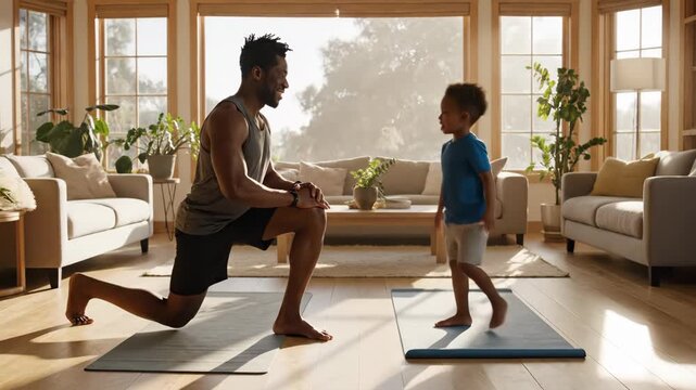 African american father and young son bonding while performing lunges on yoga mats in their bright living room, promoting family wellness and an active lifestyle
