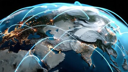 Global Network: A digital tapestry of interconnected lines envelops a vibrant globe, representing the expansive reach of global communication, data exchange, and technological advancements. - Powered by Adobe