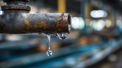 Close-up of a rusty metal pipe leaking water, symbolizing waste and repair needs.