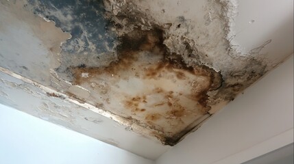 Water-damaged ceiling with mold from neighbor's leak.
