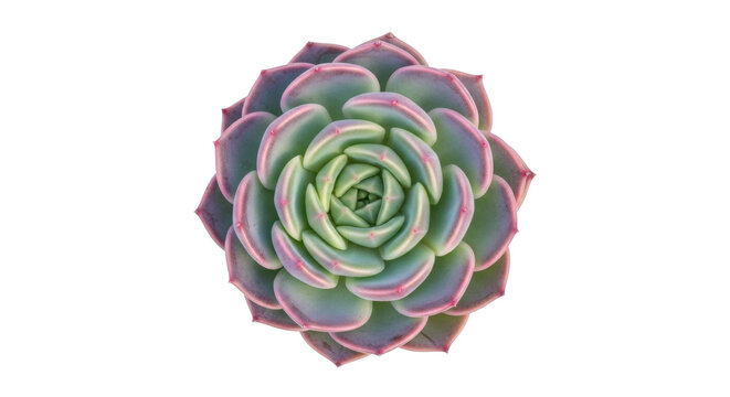 Isolated succulent plant, rosette arrangement of leaves, healthy green pink plant on display