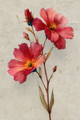 Vintage watercolor floral illustration on textured paper &ndash; hand-painted red and pink blossom stem with delicate petals, botanical art print for decor and design