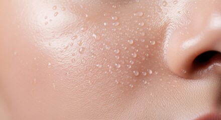 Fototapeta premium Close up of human skin with water droplets, sweat, and pores.