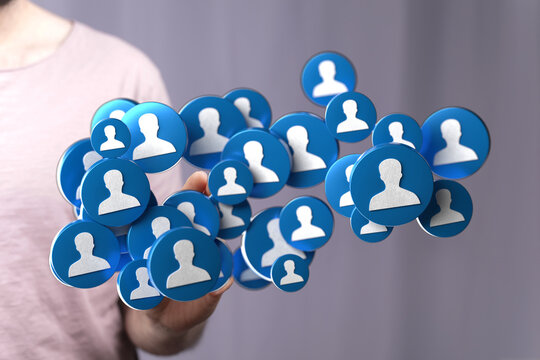 Concept of digital networking with user icons, symbolizing social interaction, connection, and collaboration in a digital environment.