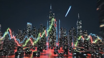 Cyberpunk city street background displaying holographic stock market data, red and green candlestick charts, and digital information representing global finance and economic trends - Powered by Adobe