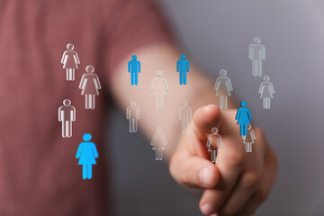 Abstract concept of online network connecting people through digital interaction and data transfer, hand pointi