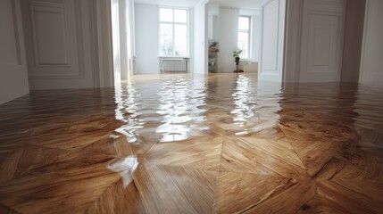 Flooded wood parquet floor with water reflecting light, symbolizing water damage and need for extraction.