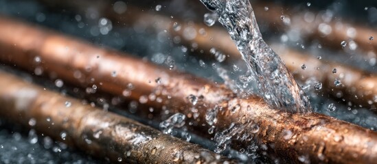 Water cascading over copper pipes, creating a dynamic and refreshing visual.