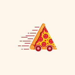 A whimsical pizza slice on wheels, symbolizing fast and efficient pizza delivery service with a playful design