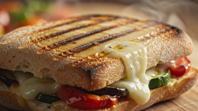 Panini sandwich featuring melted cheese oozing over grilled zucchini, eggplant, and red peppers, served hot on a wooden board, showcasing a delicious italian comfort food