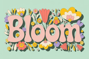 Fototapeta premium Groovy retro bloom lettering with flowers