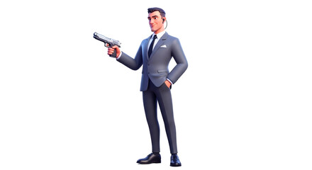 Cartoon Illustration of a Man in a Formal Suit Holding a Gun with Confident Facial Expression PNG