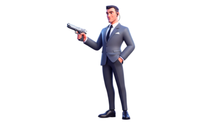 Cartoon Illustration of a Man in a Formal Suit Holding a Gun with Confident Facial Expression PNG