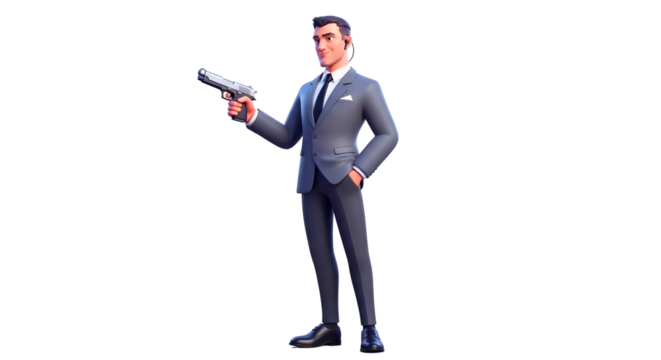 Cartoon Illustration of a Man in a Formal Suit Holding a Gun with Confident Facial Expression PNG