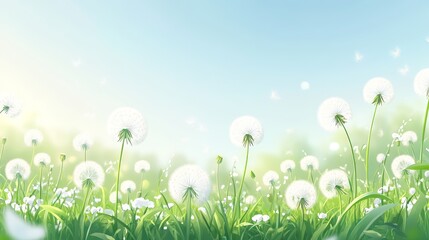 Obraz premium 60.A vibrant spring meadow filled with delicate white dandelion heads swaying gently, their seeds catching the sunlight against a lush green field and a clear blue sky.