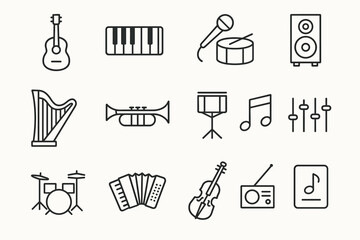 Fototapeta premium Musical instruments icons set linear style for creative music projects