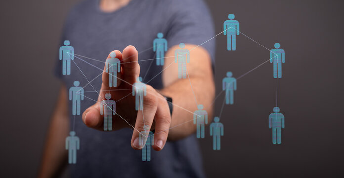 Person interacting with network concept showing connections and collaboration. Digital illustration of people in a social network environment. - Powered by Adobe