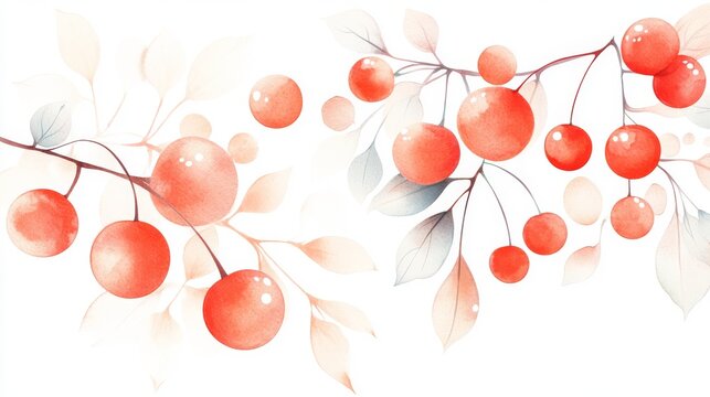 37.A vibrant set of cherry illustrations with juicy red hues, subtle watercolor textures, and gentle highlights, arranged in an artistic botanical composition.