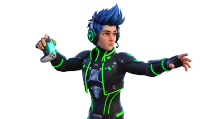 Male Character with Blue Hair Holding Game Controller Wearing Futuristic Black and Green Suit PNG