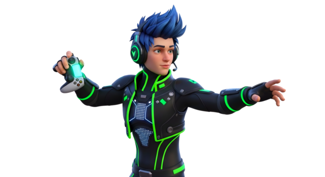 Male Character with Blue Hair Holding Game Controller Wearing Futuristic Black and Green Suit PNG