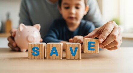 Father and son saving money arranging wooden blocks to spell SAVE teaching financial literacy and planning for the future