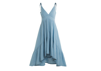 Powder-blue summer dress with a V-neck, tie straps, and asymmetrical hem