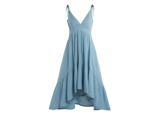 Powder-blue summer dress with a V-neck, tie straps, and asymmetrical hem