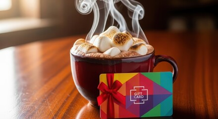 Warm up with a decadent hot chocolate and a vibrant gift card, the perfect cozy treat.