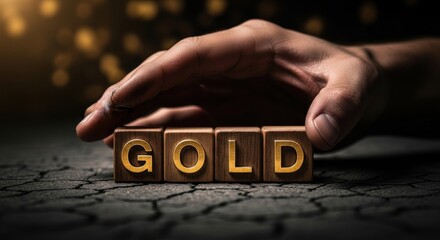 Hand placing wooden blocks spelling gold concept of wealth and investment on a cracked surface with bokeh background