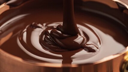 Luxurious liquid chocolate swirling in slow motion, a decadent and rich indulgence for dessert commercials and gourmet food promotions
