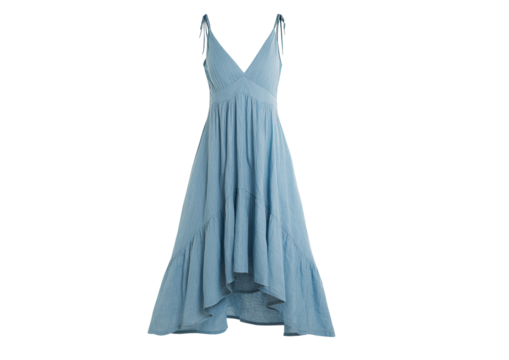 Powder-blue summer dress with a V-neck, tie straps, and asymmetrical hem